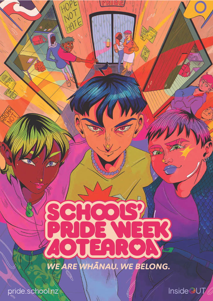 A colourful poster for Schools' Pride Week Aotearoa