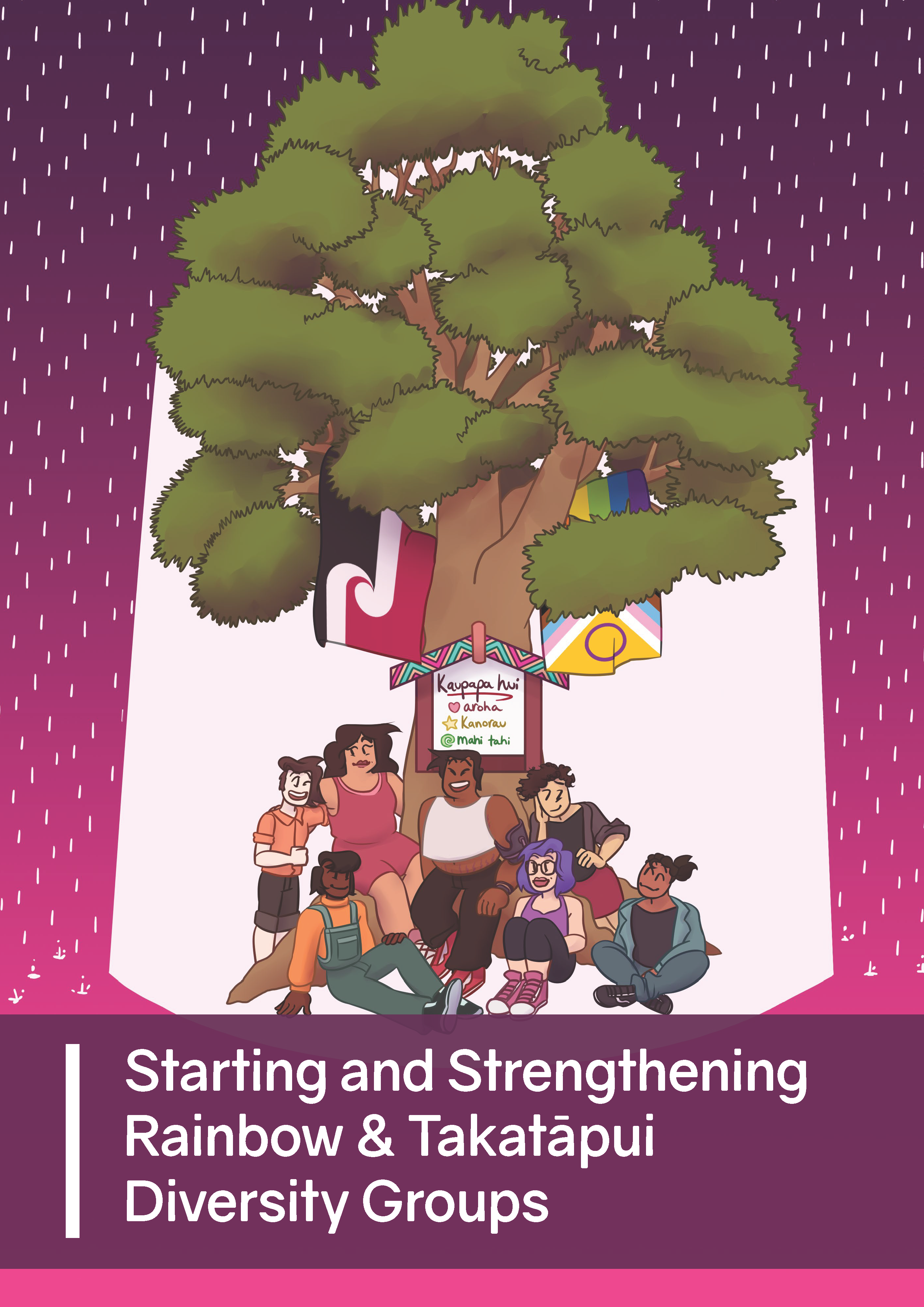 A cover page illustration for the "Starting and Strengthening Rainbow and Takatāpui Diversity Groups".