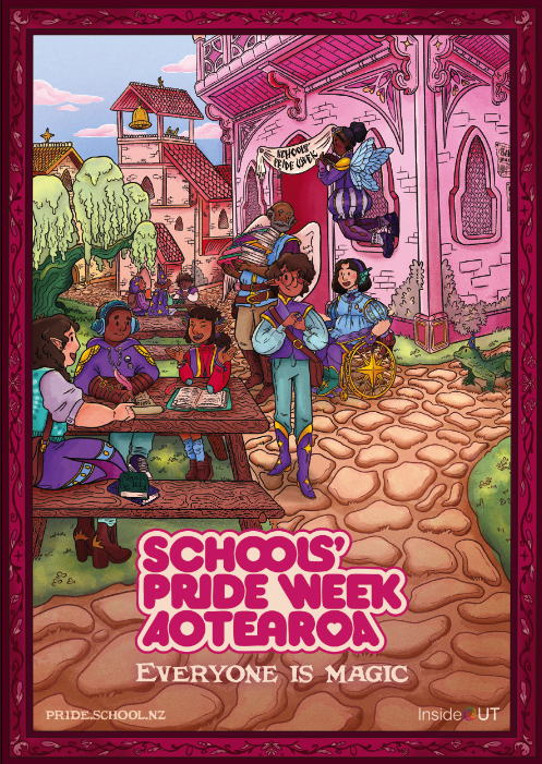 Schools' Pride Week 2025 poster Illustration of a diverse group of magical students sitting and standing by a pink hall. Pink text reads: Schools' Pride Week Aotearoa - Everyone is magic.