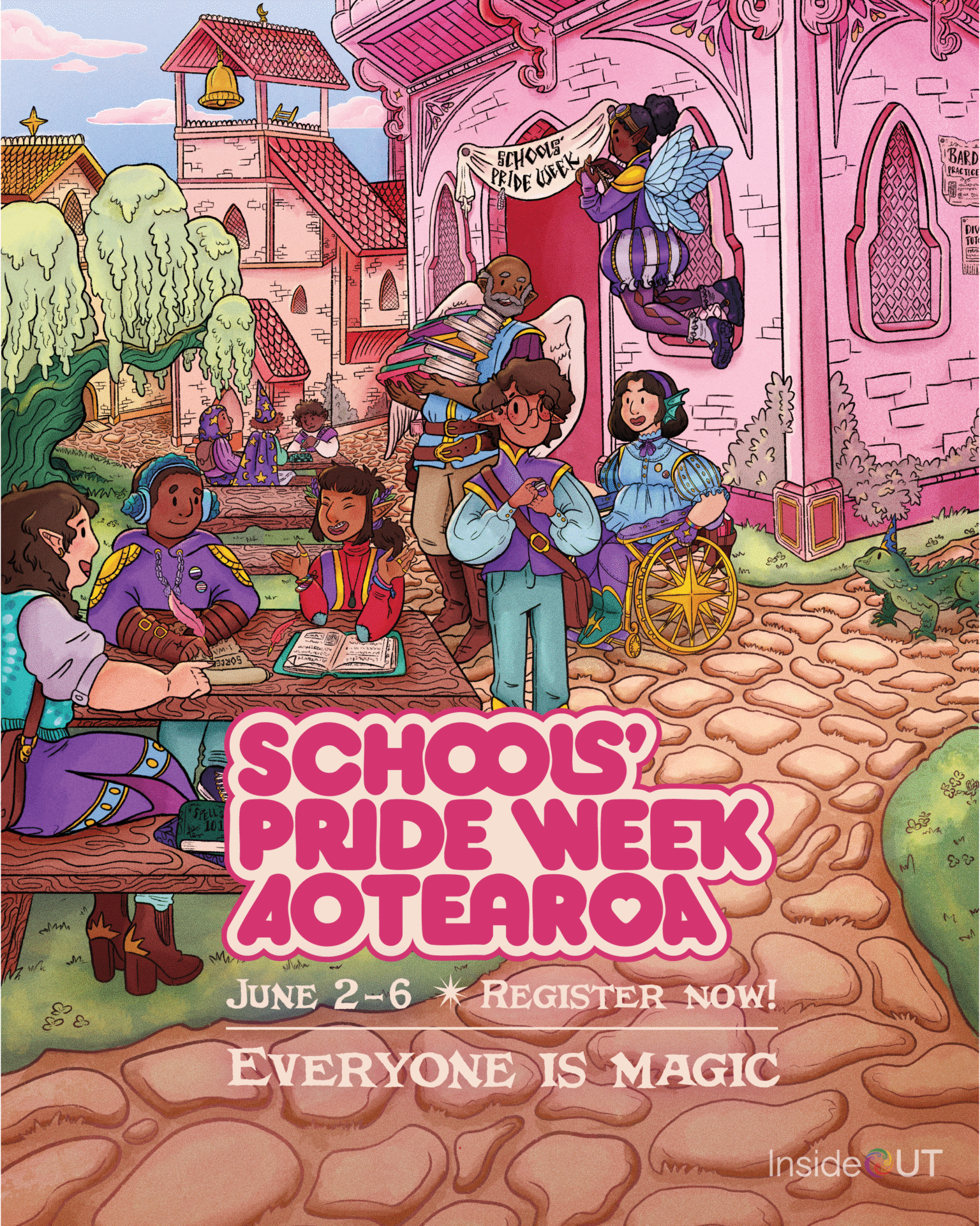 SPWA sign up post Illustration of a diverse group of magical students sitting and standing by a pink hall. Pink text reads: Schools' Pride Week Aotearoa - Everyone is magic.
