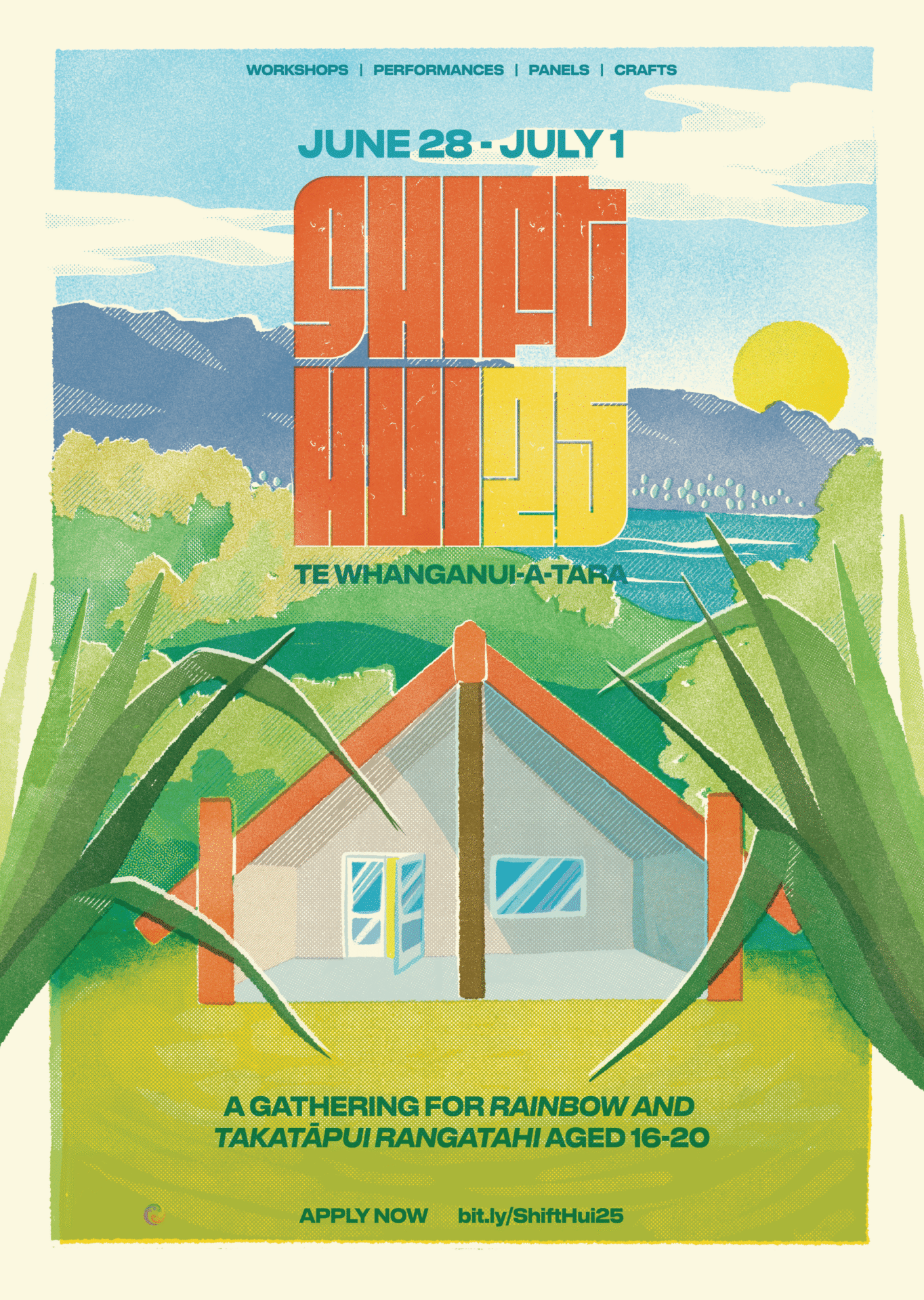 Shift poster main A4 A promotional poster for Shift Hui 2025 featuring a wharenui surrounded by hills and bush with the ocean in the background.