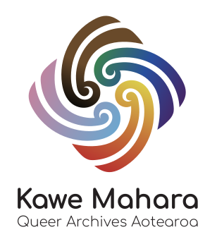 Logo for Kawe Mahara Queer Archives Aotearoa featuring a diamond made up of 4 different coloured koru coming together