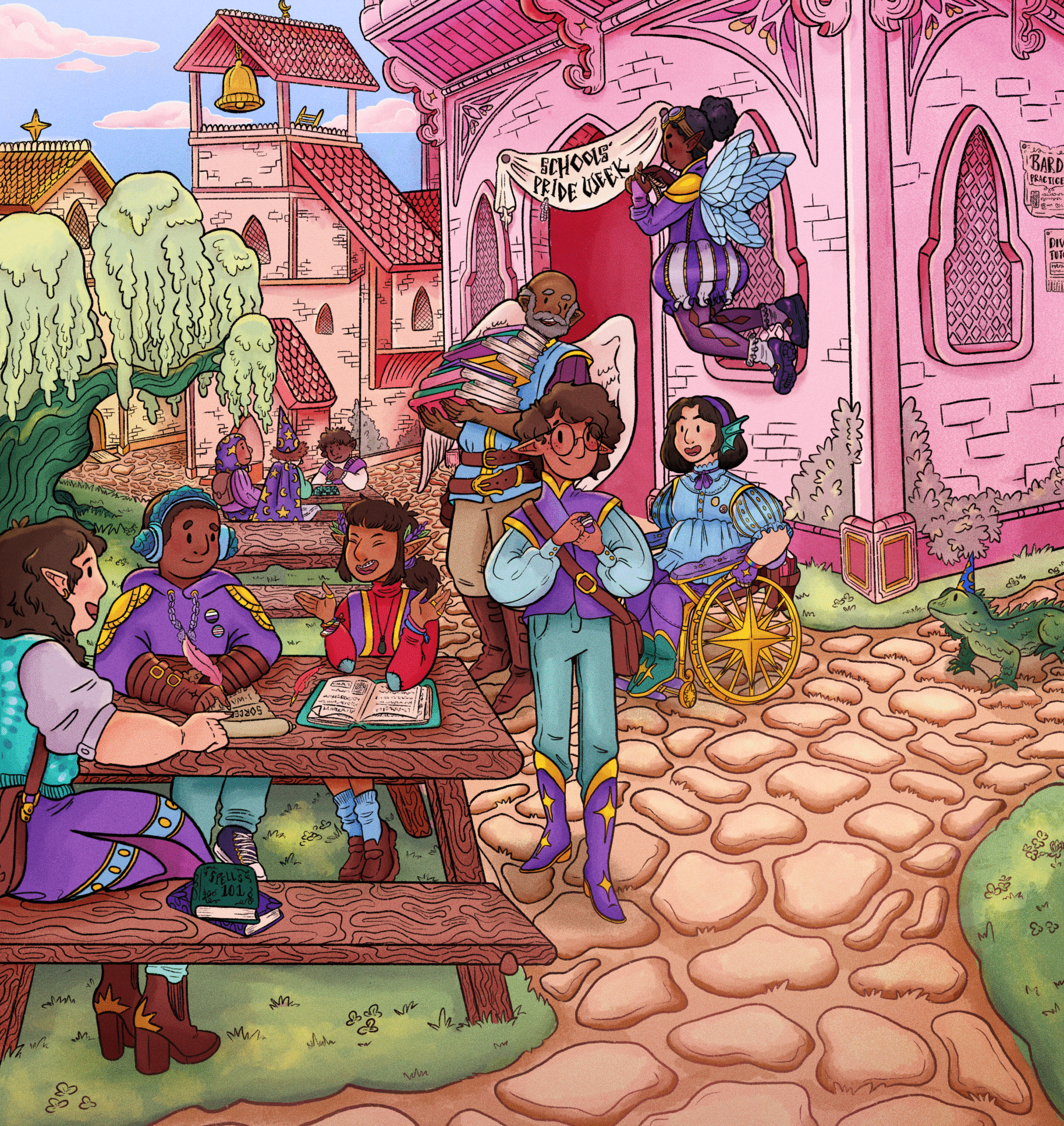Schools' Pride Week website banner Illustration of a diverse range of magical young people and teachers in a courtyard outside of a pink magical school building