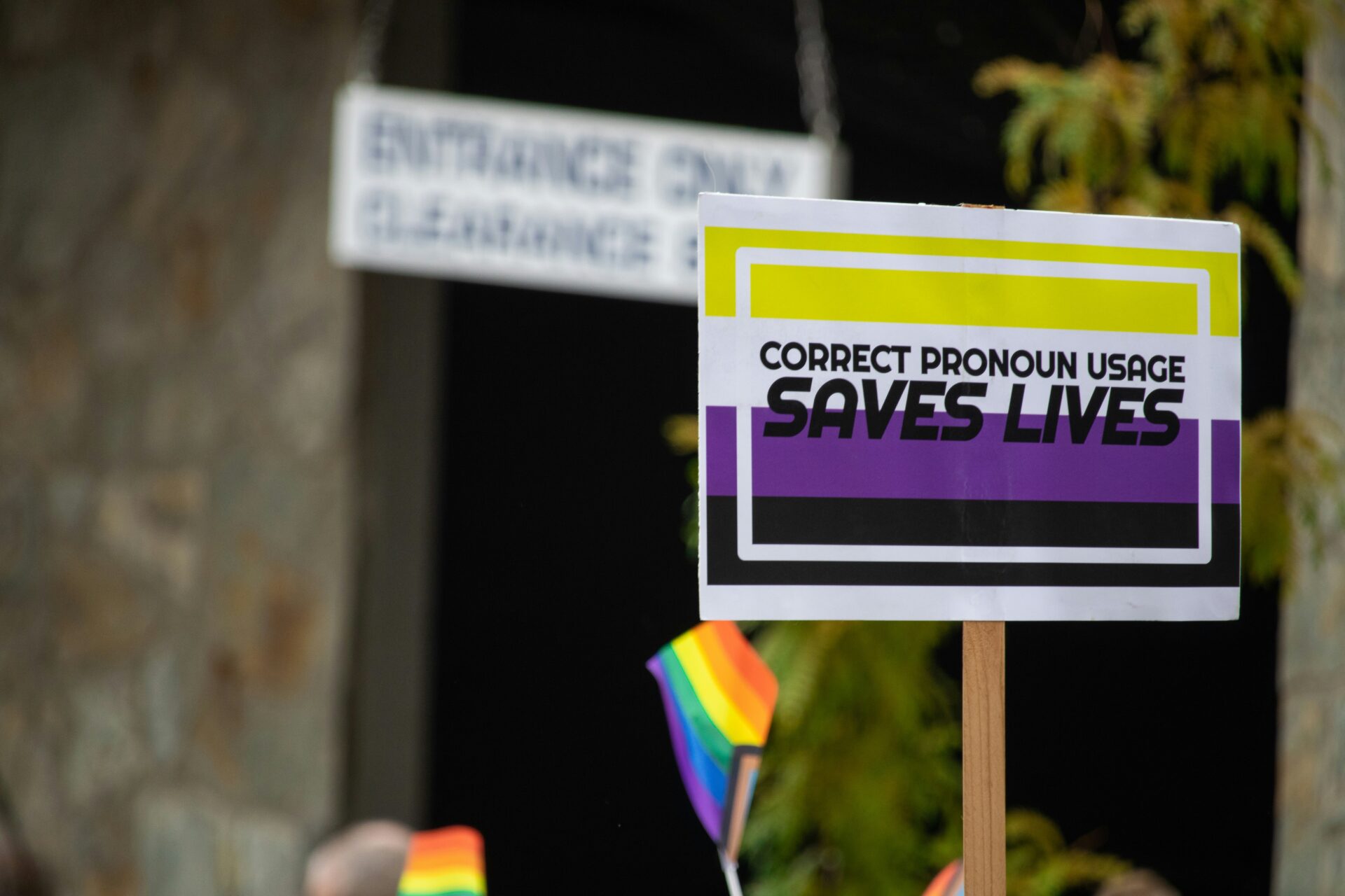 Pronoun sign A sign at a march in the non binary flag coloours that reads: Correct pronoun use saves lives.