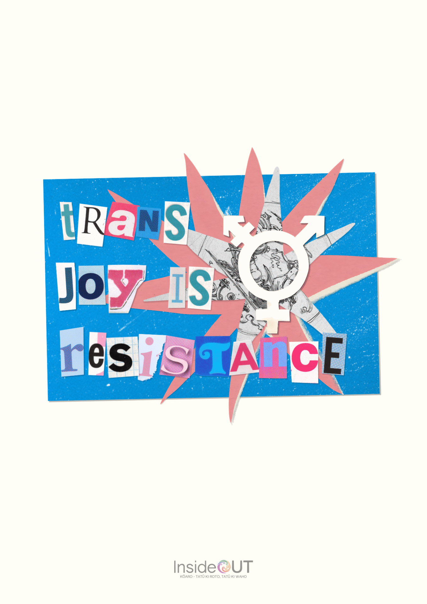 A poster featuring a collage of pink and cream cut out stars with a cut out trans symbol in the center. There is a blue rectangle with the stars on it as well as cut out magazine letters that read: Trans joy is resistance. The background of the page is cream, and in the bottom centre is the Inside Out logo.