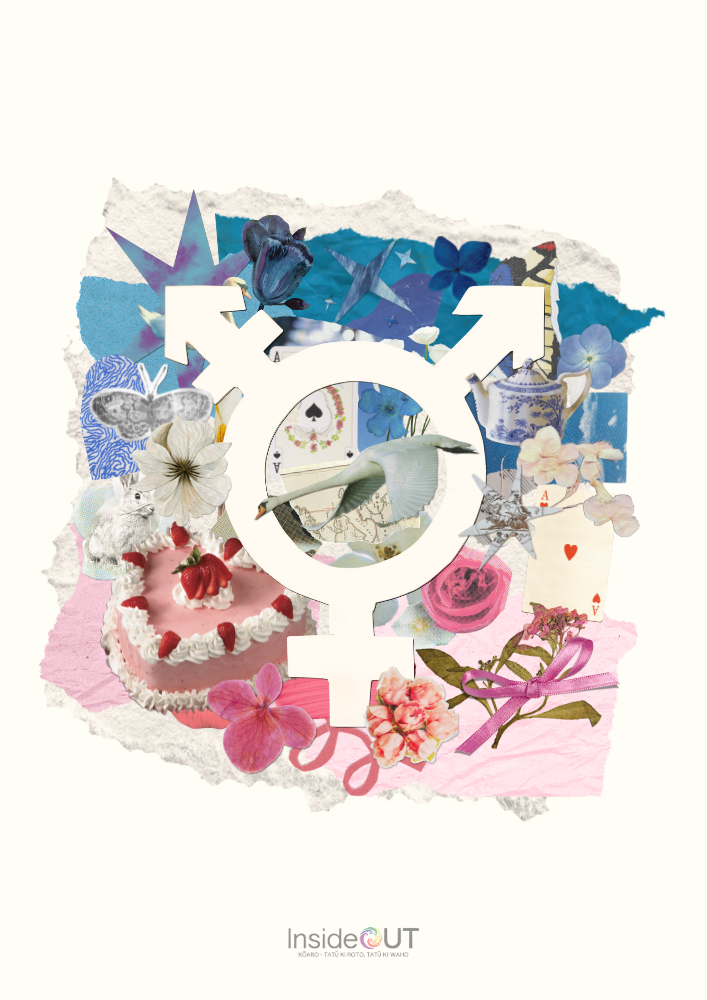Poster of a collage made up of items in the trans flag colours: pink, white, and blue. In the center is a cut out of the trans symbol. The background is cream, and in the bottom center is the Inside Out logo.