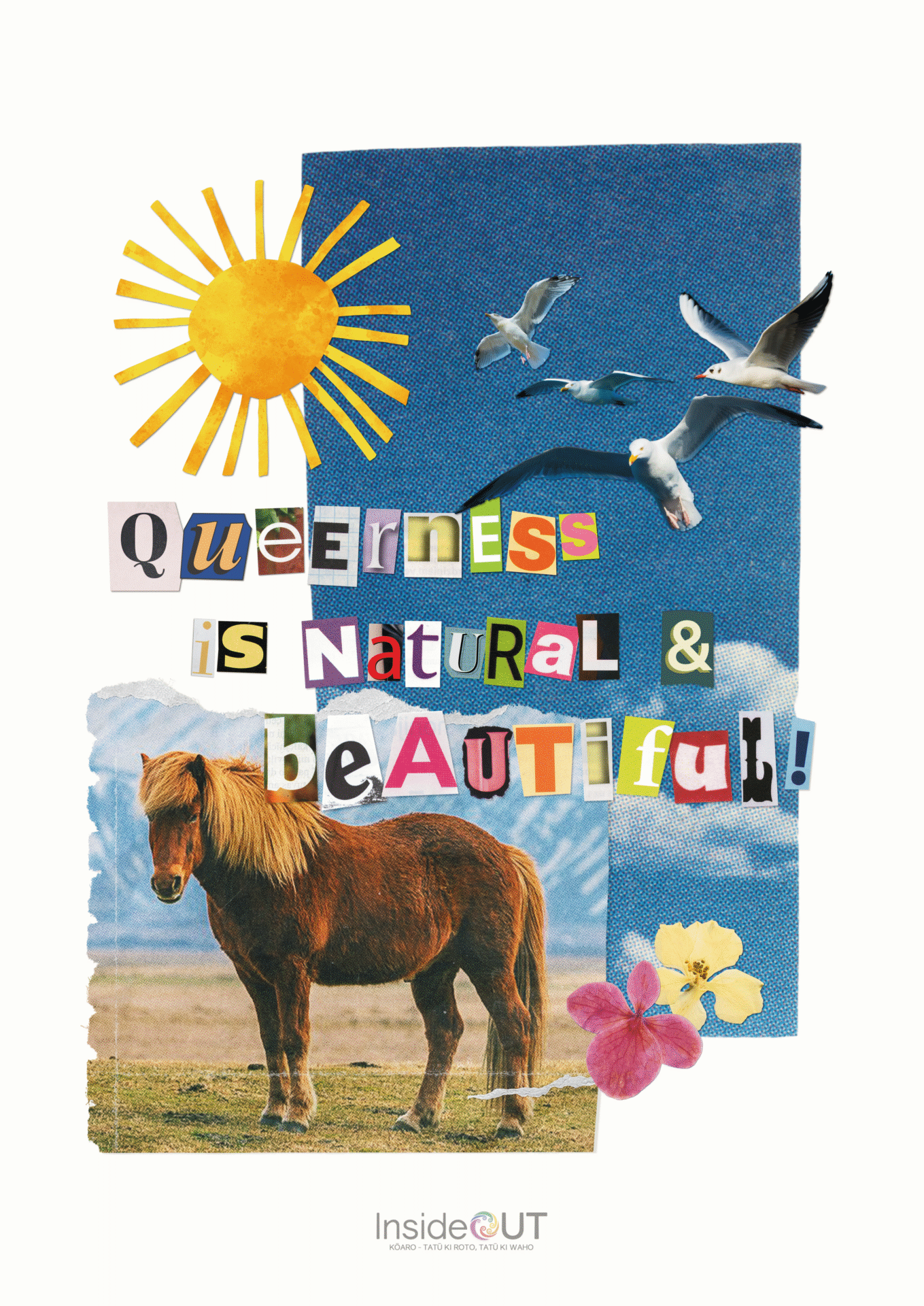 Collage featuring the words "Queerness is Natural and Beautiful" surrounded by photos including a horse, birds flying, a blue sky, and a yellow sun with flowers.