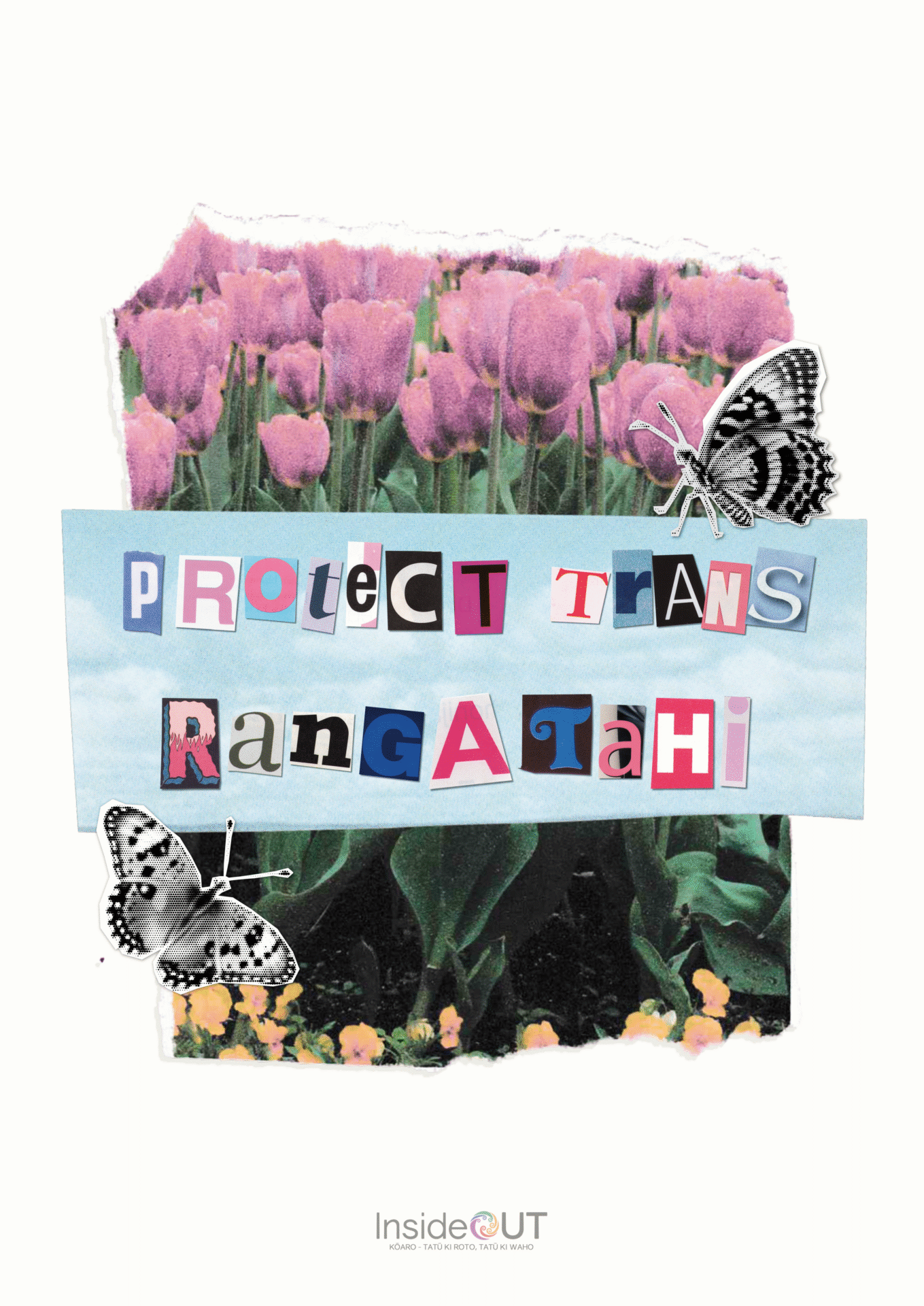 Poster of a collage made up of items in the trans flag colours: pink, white, and blue. In the center is a cut out of the trans symbol. The background is cream, and in the bottom center is the Inside Out logo.