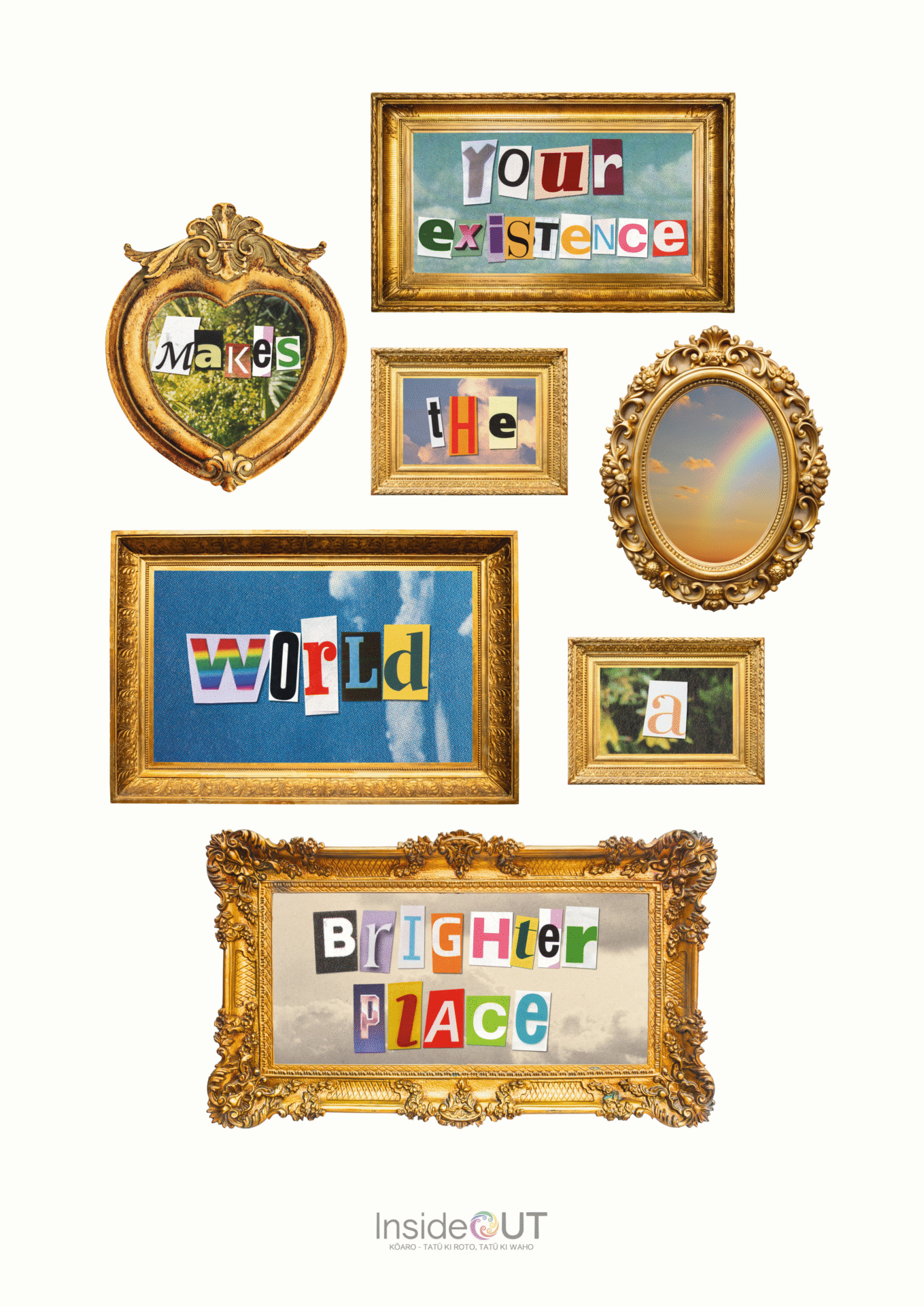 A poster featuring a collage of pink and cream cut out stars with a cut out trans symbol in the center. There is a blue rectangle with the stars on it as well as cut out magazine letters that read: Trans joy is resistance. The background of the page is cream, and in the bottom centre is the Inside Out logo.