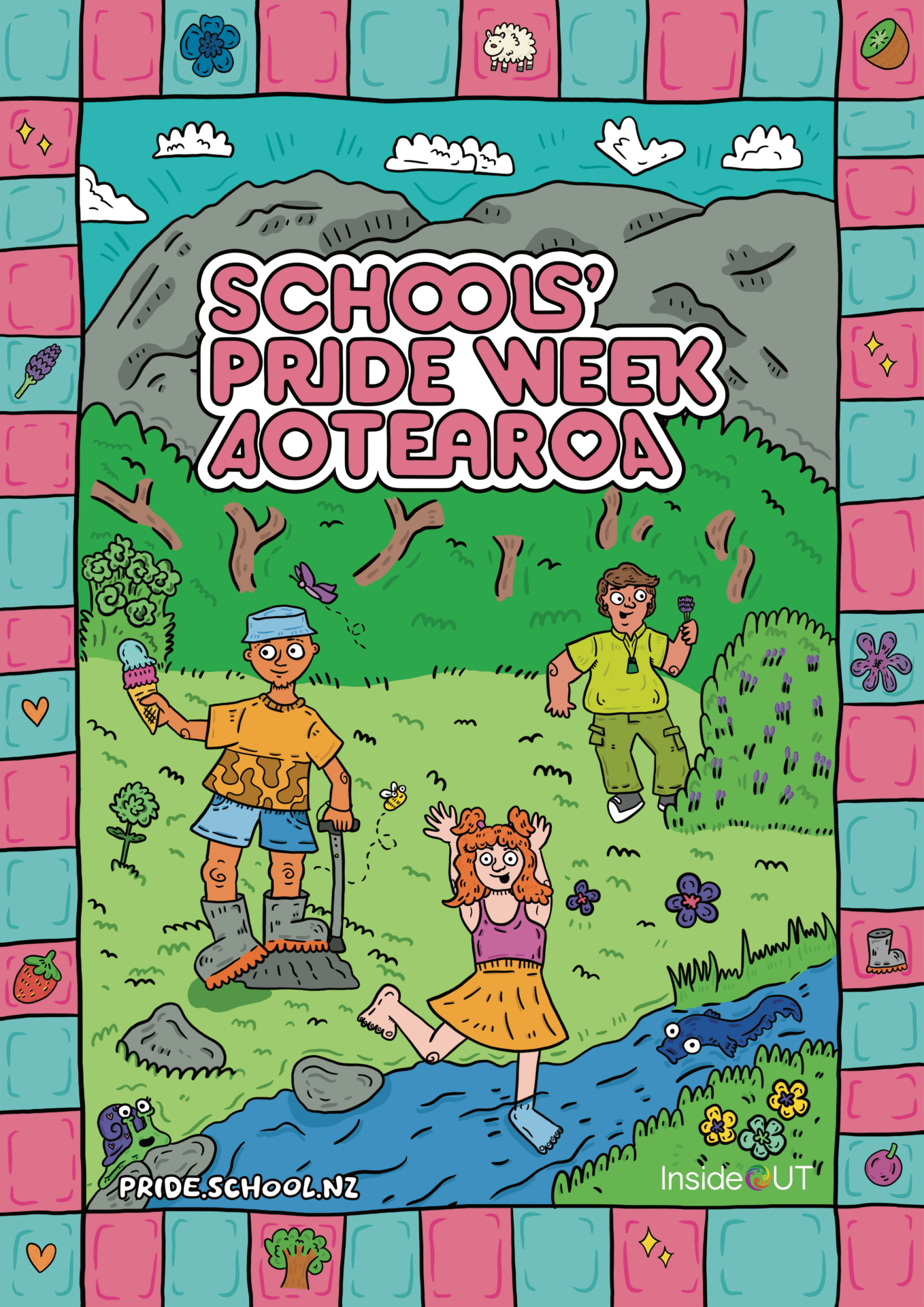Illustration of a diverse group of magical students sitting and standing by a pink hall. Pink text reads: Schools' Pride Week Aotearoa - Everyone is magic.