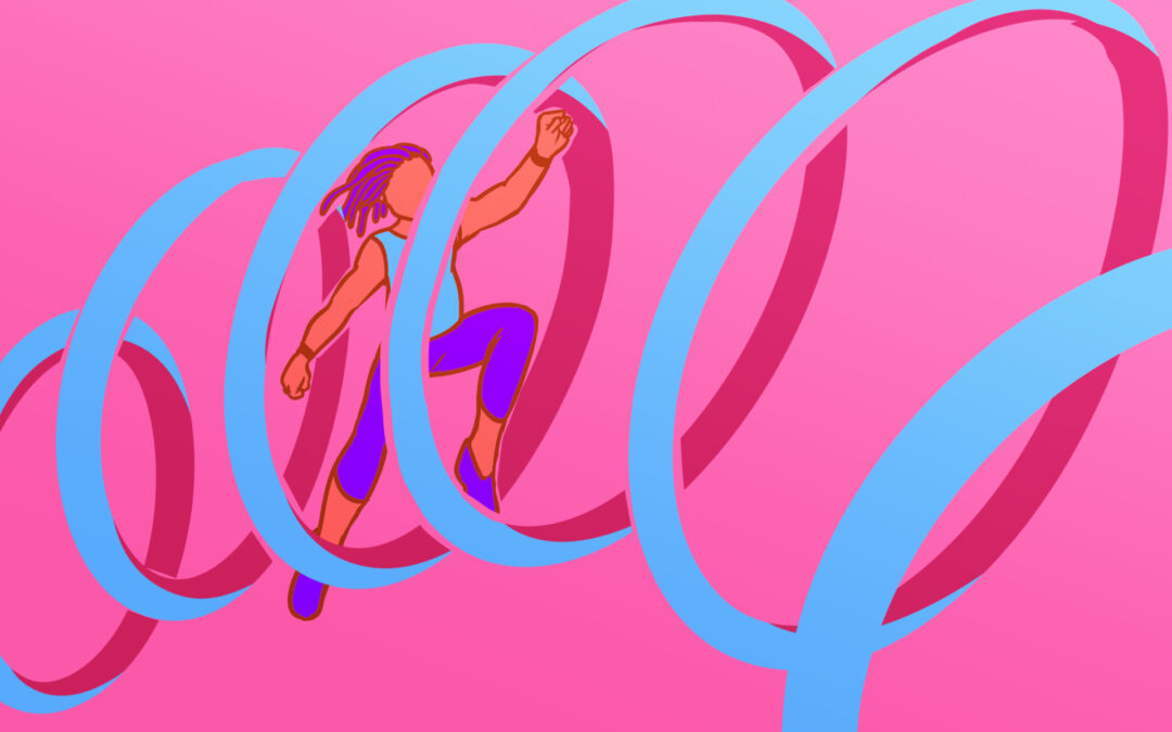 Colourful illustration of a person jumping through a series of blue hoops with a pink background.