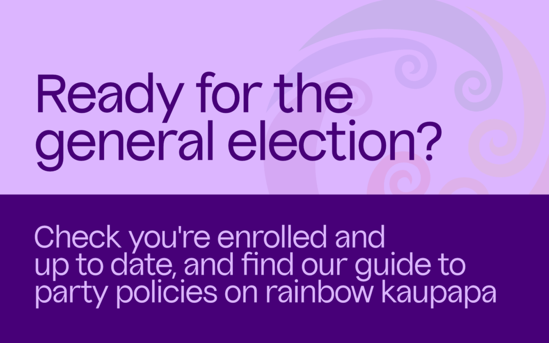 Purple and lilac text reads: Ready for the general election? Check you're enrolled and up to date, and find our guide to party policies on rainbow kaupapa.